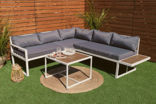 Garden Furniture Set Mexico Aluminum White & Teak Wood Grey Cushions