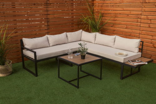 Garden Furniture Set Mexico Aluminum Black & Teak Wood Cream Cushions